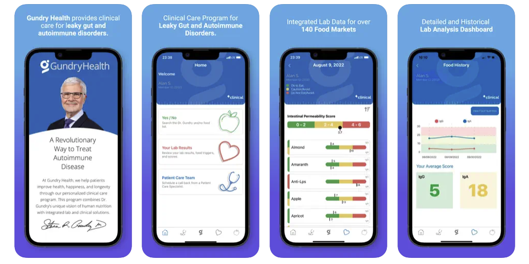 Screenshots from the GundryHealth mobile app